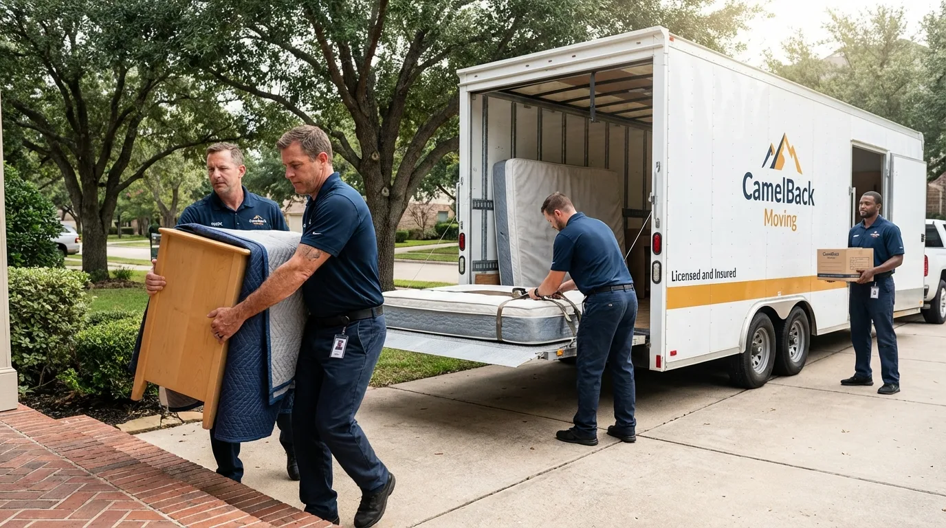 Crew loading residential truck for cross-state move from Jamaica, VT