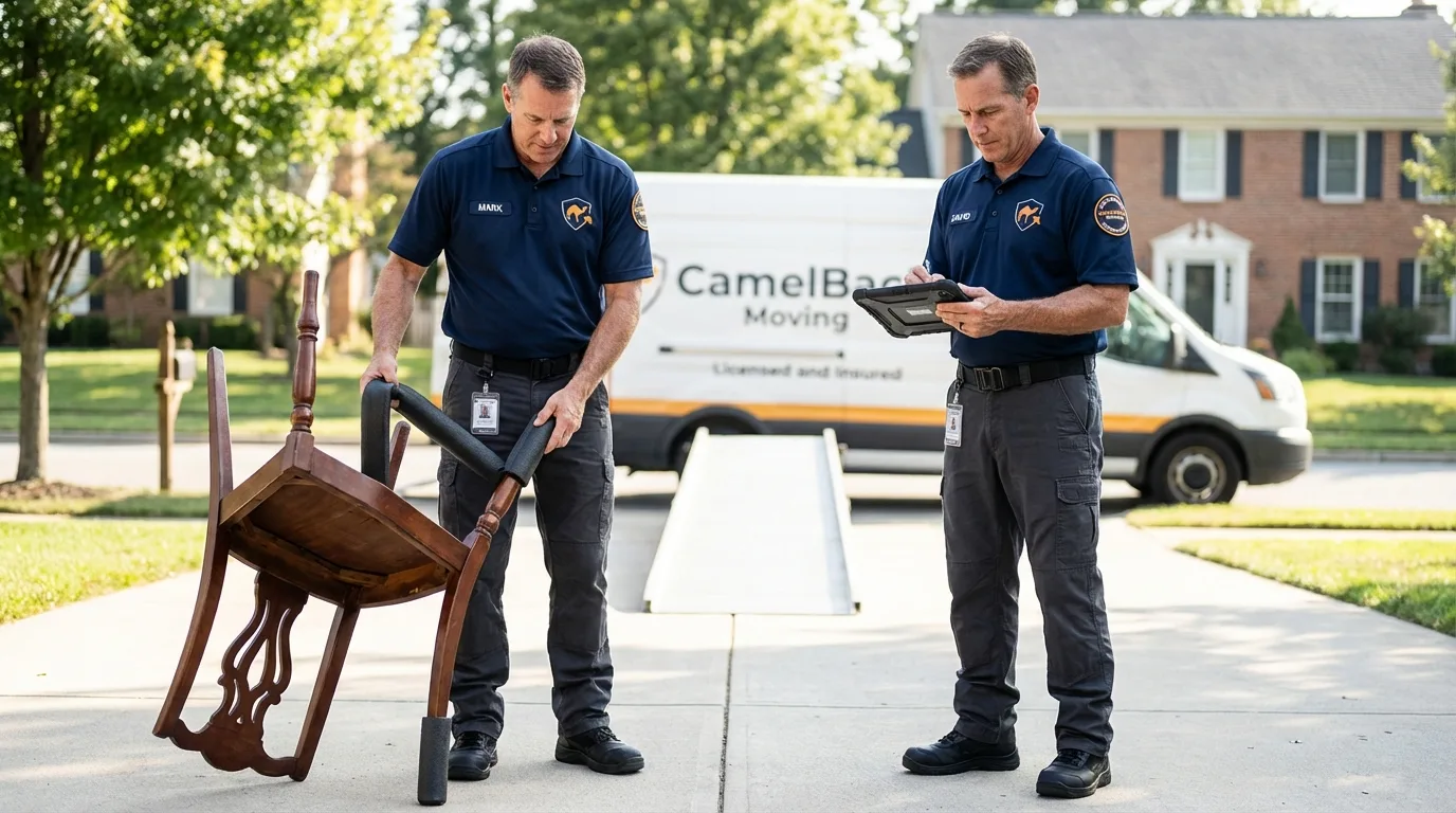 Movers inspecting furniture for damage prevention before loading in Jamaica, VT