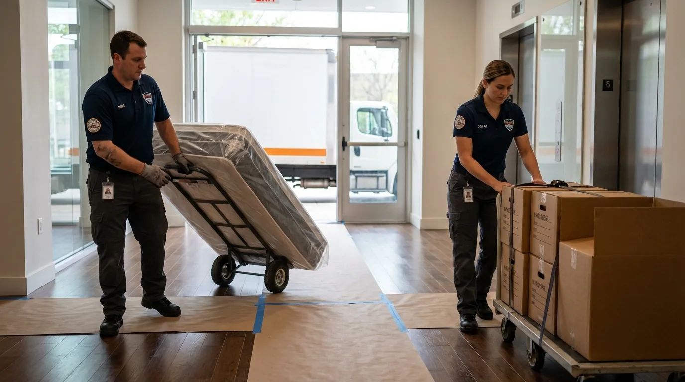 Professional apartment movers loading elevator in Jamaica, VT