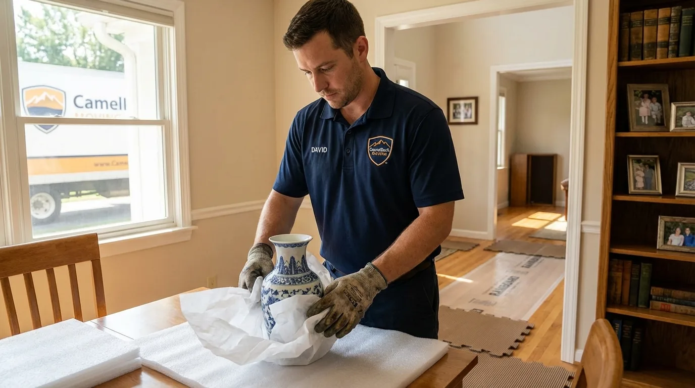 Professional crew carefully wrapping antique vase for senior downsizing move in Jamaica, VT