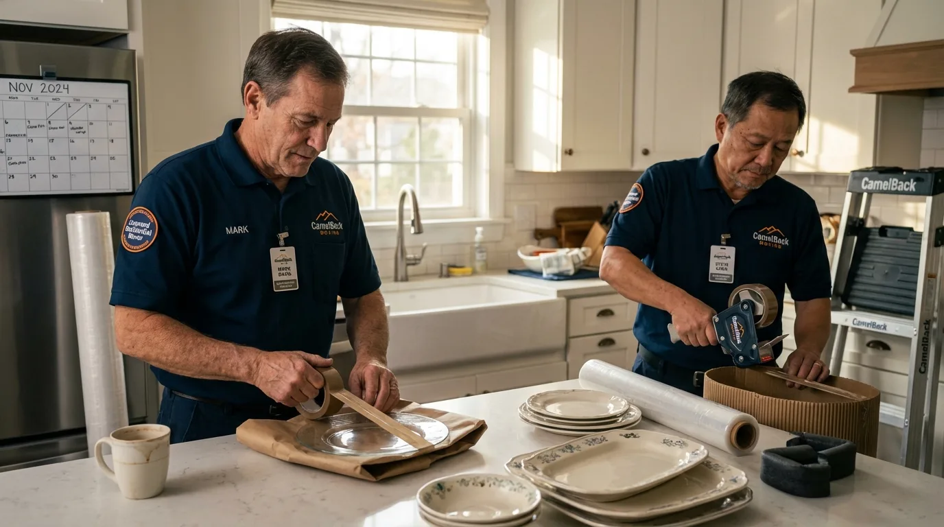 Professional crew packing kitchen dishware in Jamaica, VT
